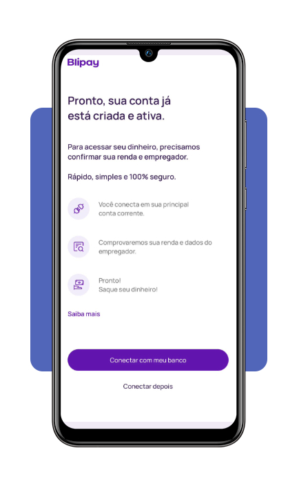 Tela de conexão da conta bancária no app Blipay