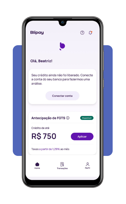 Tela de análise de crédito e limite disponível no app Blipay