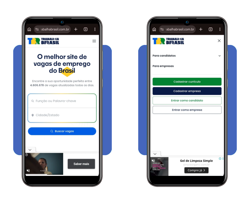 Tela inicial do portal Trabalha Brasil com menu de cadastro de currículo