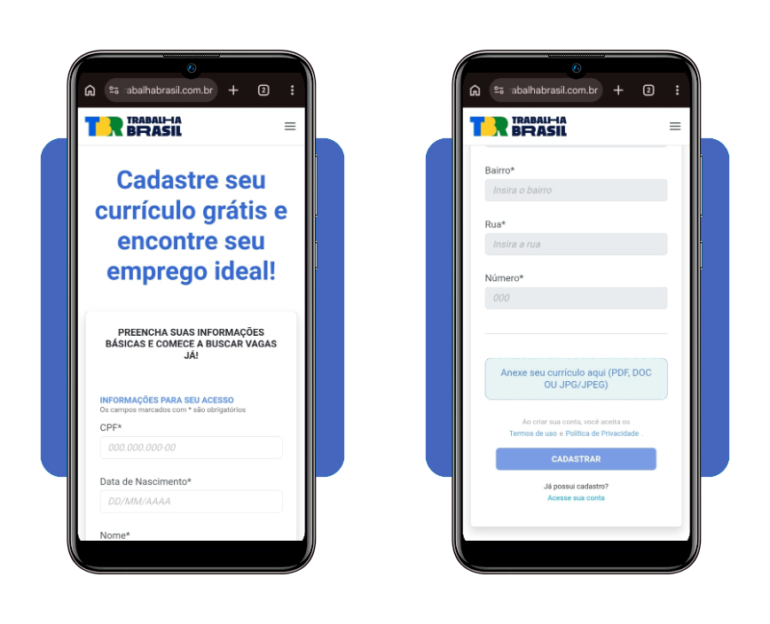 Formulário de cadastro de currículo no portal Trabalha Brasil