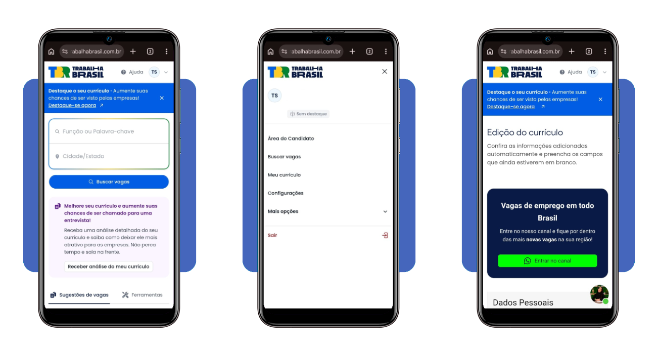 Página de complemento de informações do currículo no portal Trabalha Brasil
