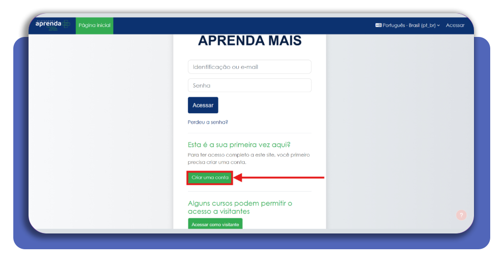 Tela de login do portal Aprenda Mais com opção de criar uma conta