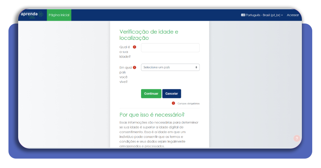 Formulário de cadastro do Aprenda Mais solicitando idade e país