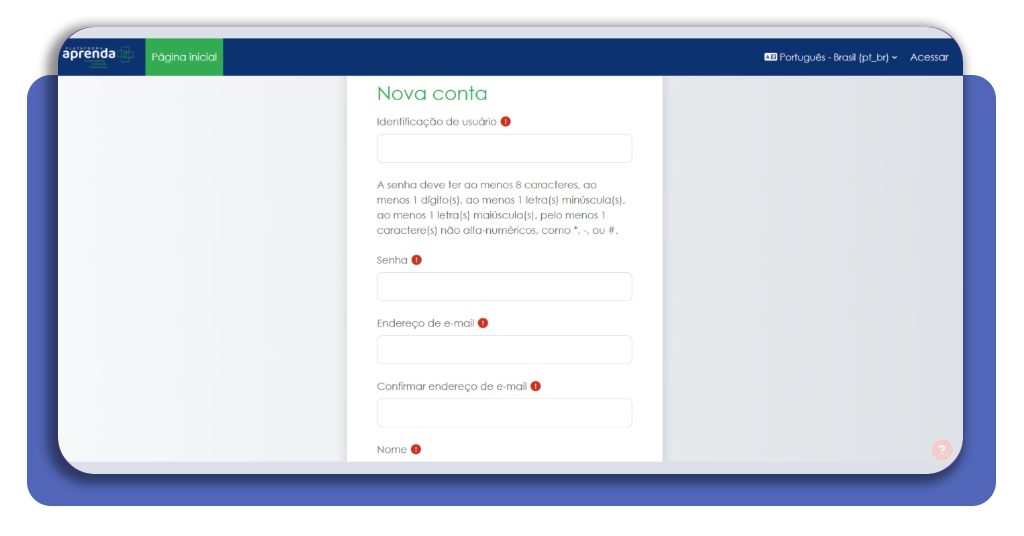 Tela de criação de login e senha no portal Aprenda Mais MEC
