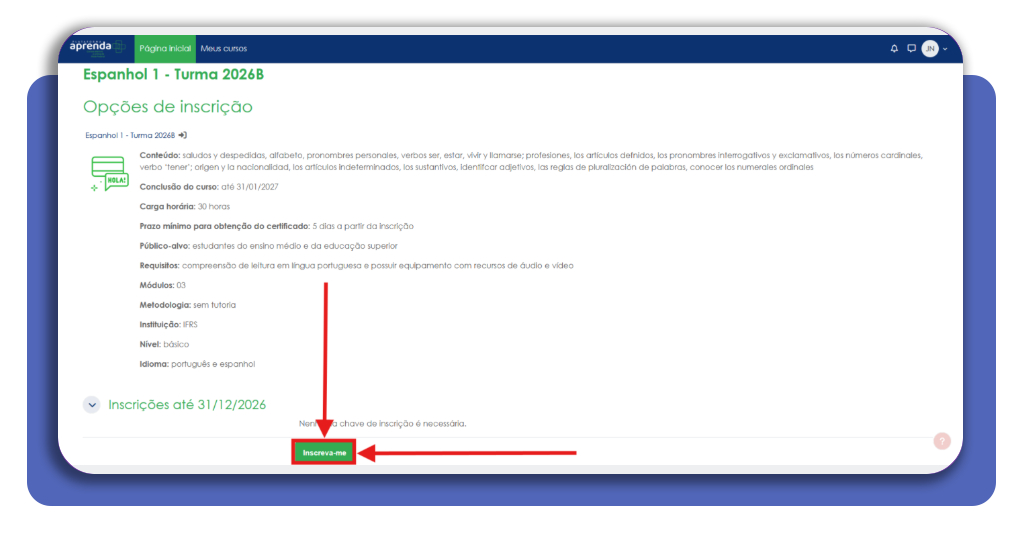 Tela de escolha de curso no portal Aprenda Mais MEC com botão Inscreva-me