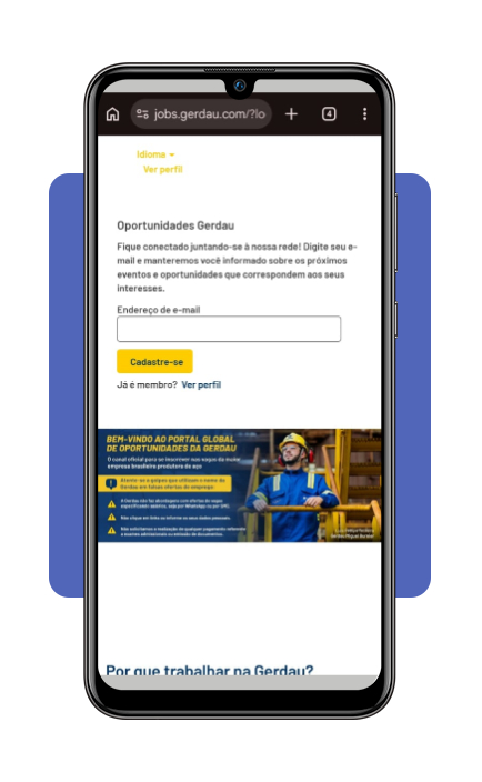 Portal de vagas de emprego na Gerdau acessado pelo celular