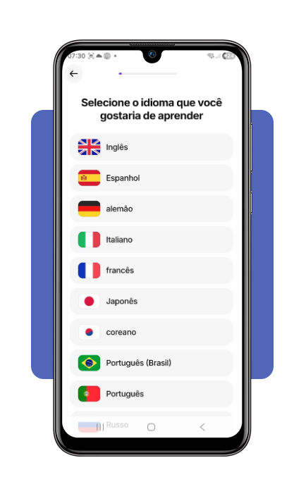 Tela de seleção de idioma no aplicativo Praktika