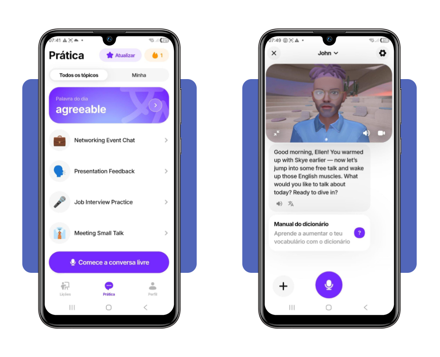 Tela de conversa com avatar de IA no aplicativo Praktika