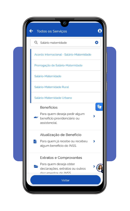 Campo de busca do app Meu INSS para encontrar o benefício desejado