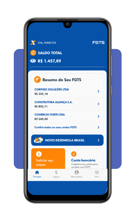 Tela inicial do app FGTS exibindo saldo disponível nas contas vinculadas