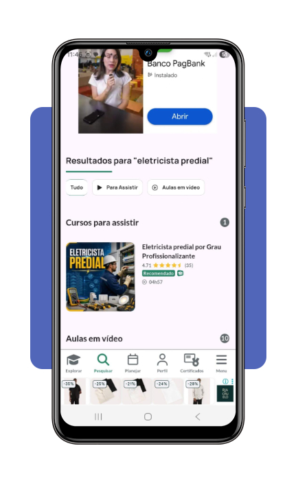 Tela de busca do aplicativo Cursa com resultado do curso de eletricista predial gratuito