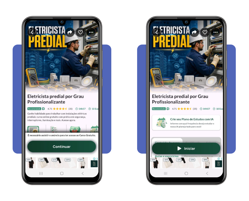 Tela de acesso ao curso de eletricista gratuito no aplicativo Cursa