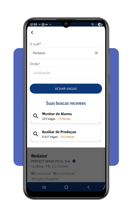Tela de busca de vagas de porteiro no aplicativo Infojobs