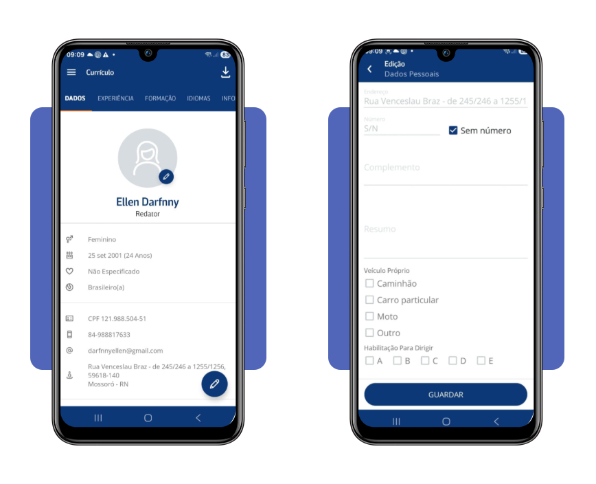 Preenchimento de dados pessoais no currículo do Infojobs