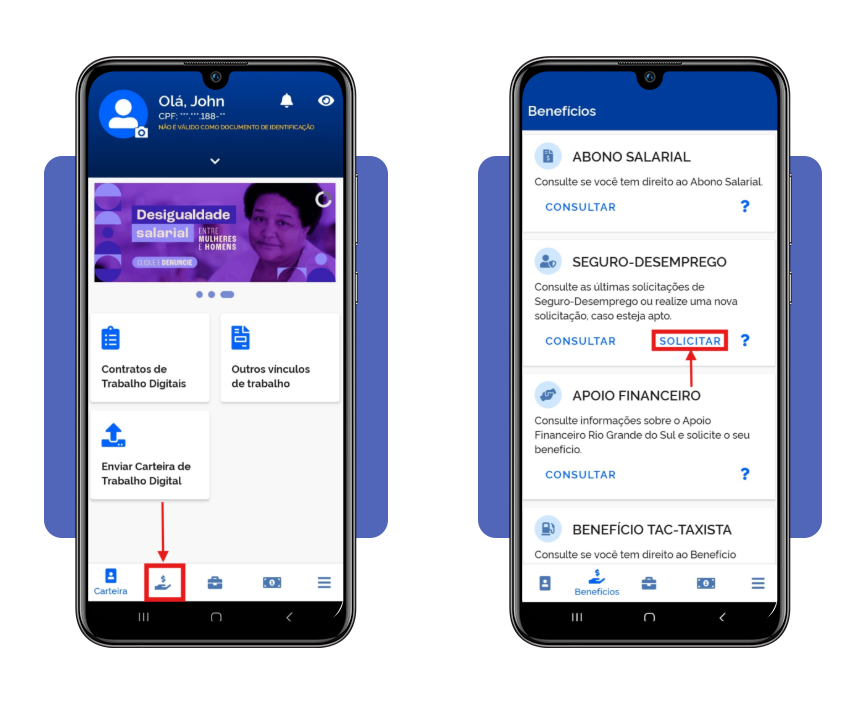 Tela de acesso ao benefício Seguro-Desemprego no app Carteira de Trabalho Digital