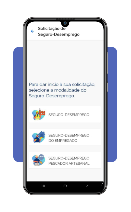 Tela de escolha da modalidade do Seguro-Desemprego no app Carteira de Trabalho Digital