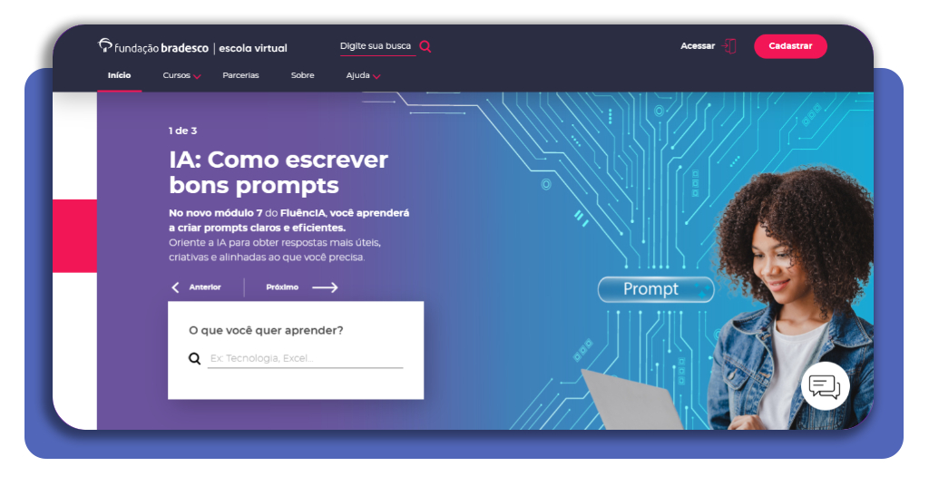 Página inicial do site da Fundação Bradesco com opção de cadastro
