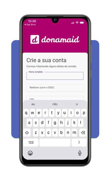 Tela inicial do aplicativo Donamaid para cadastro de profissional de faxina