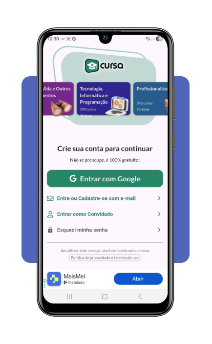 Tela de cadastro do aplicativo Cursa para curso de NR-35 grátis