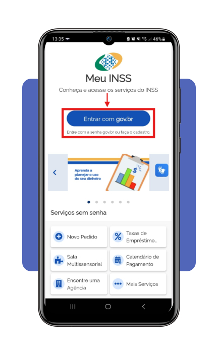 Tela de login do aplicativo Meu INSS com opção de entrar com Gov.br