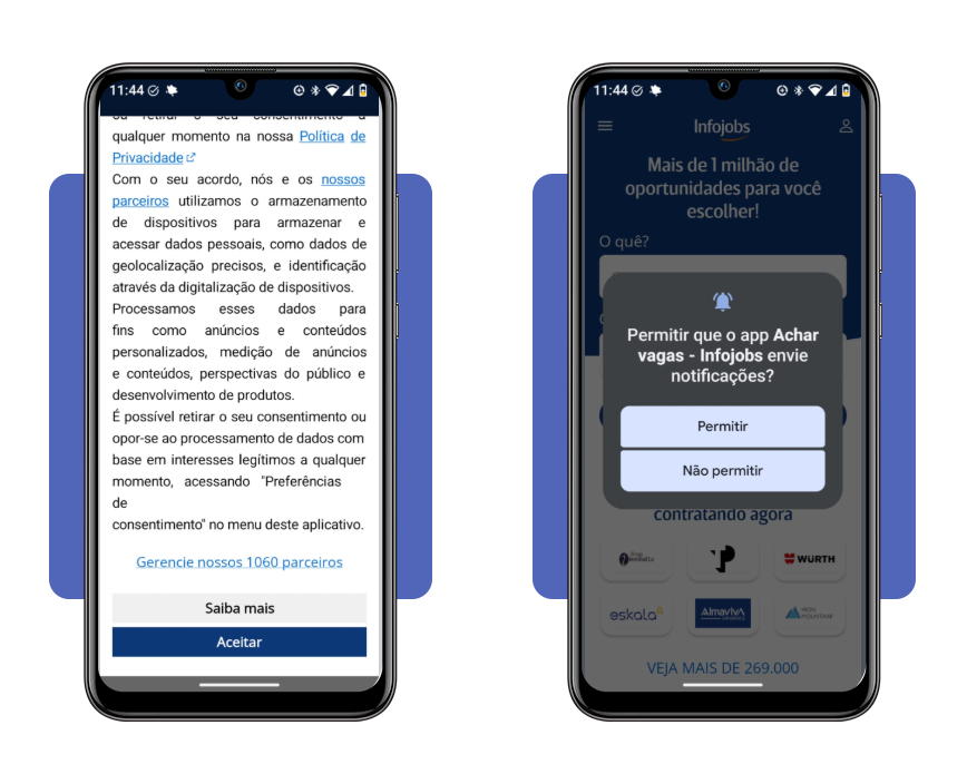 Tela de configuração inicial do app Infojobs para busca de vagas de mestre de obras