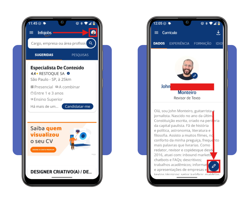 Tela de preenchimento de dados de experiência profissional no app Infojobs