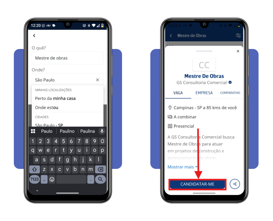 Tela de busca e candidatura a vagas de mestre de obras no app Infojobs