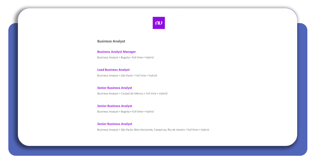 Filtros de busca de vagas no portal de carreiras do Nubank