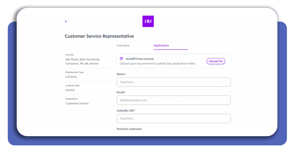 Descrição de vaga de atendente no portal do Nubank
