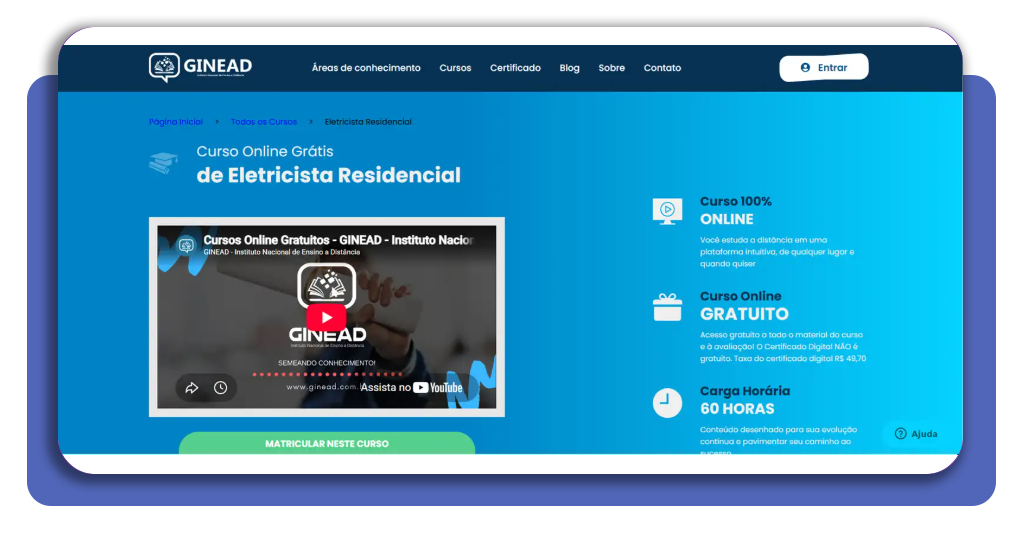 Tela inicial do portal GINEAD para acesso ao curso de eletricista gratuito