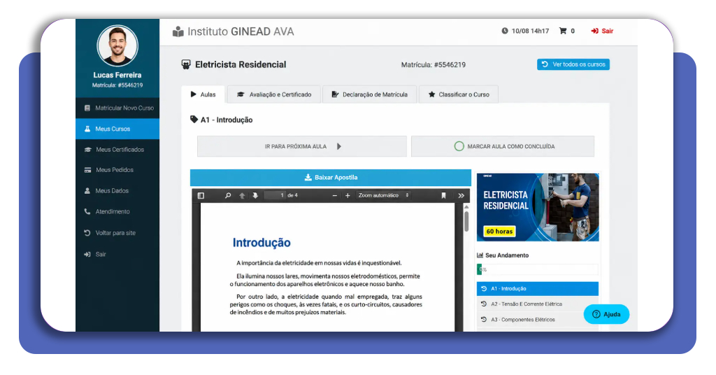 Área do aluno com apostilas e slides disponíveis para download no curso GINEAD