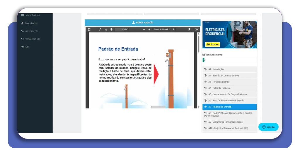Certificado do curso de eletricista gratuito disponível para download na área do aluno GINEAD