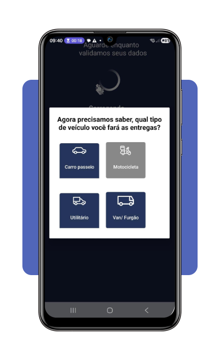 Tela de seleção de veículo no aplicativo ICS Delivery