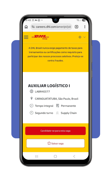 Botão de candidatura na vaga DHL