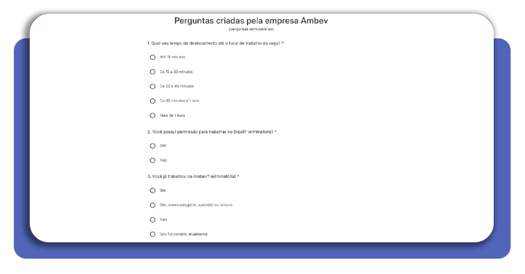 Perguntas de pré-seleção na candidatura de vaga na Ambev