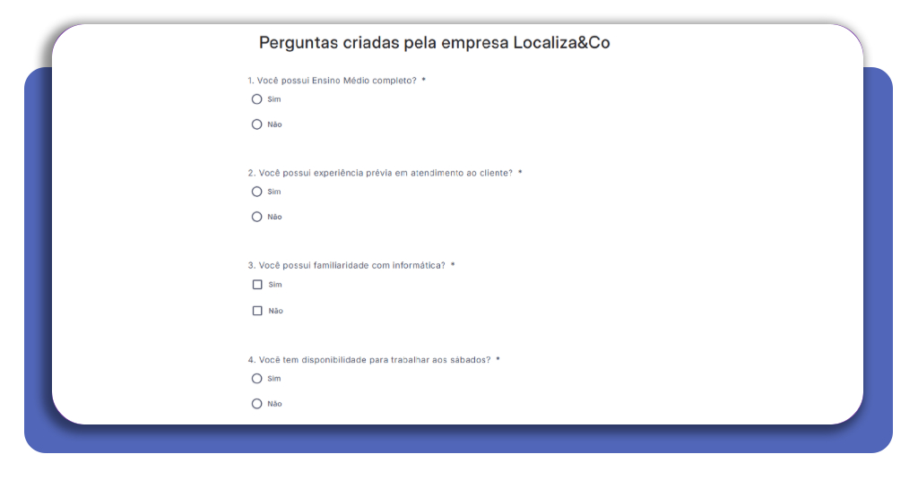 Perguntas de pré-seleção no processo seletivo da Localiza