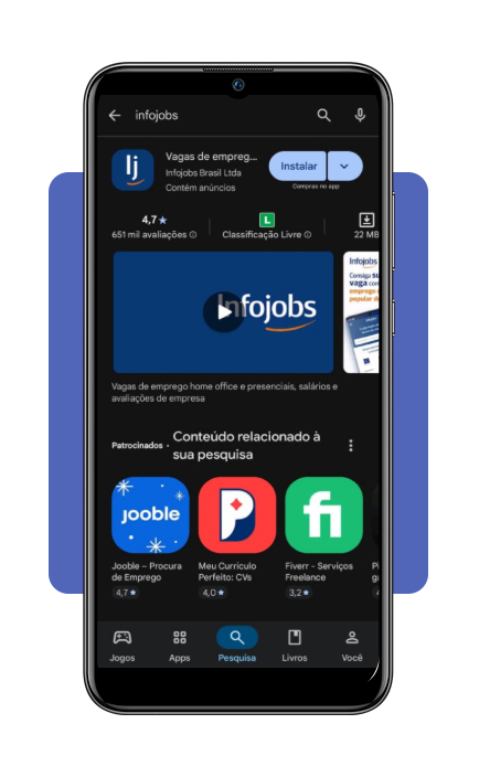 Tela do aplicativo Infojobs com busca por vagas de motorista