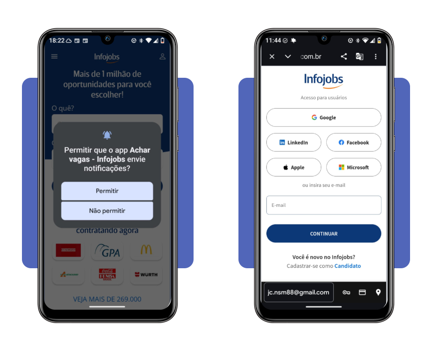 Tela de login do aplicativo Infojobs