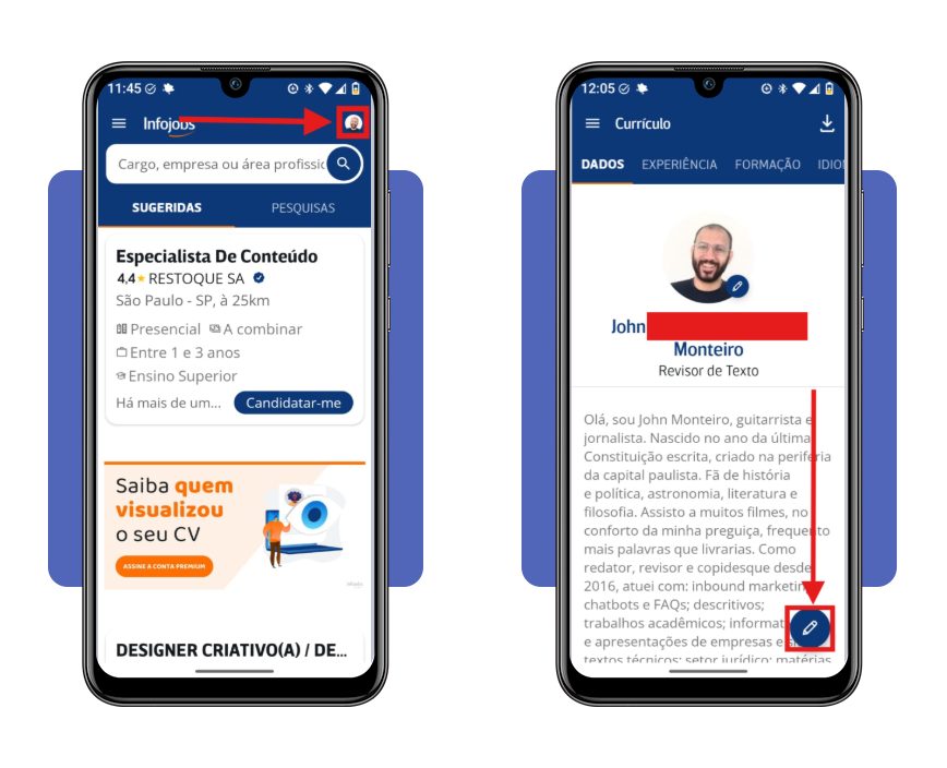 Tela de preenchimento de currículo no Infojobs