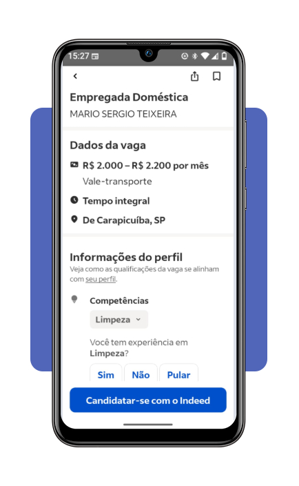 Tela de candidatura a uma vaga de faxina no Indeed