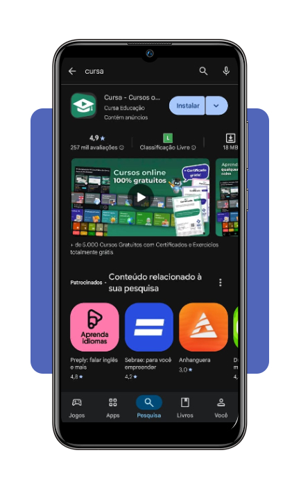 Tela da loja de aplicativos mostrando o app Cursa para download