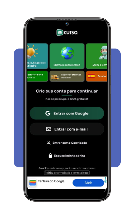 Tela de cadastro e login do aplicativo Cursa