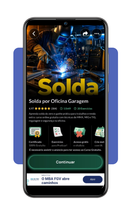 Tela do curso de solda no aplicativo Cursa com botão Iniciar