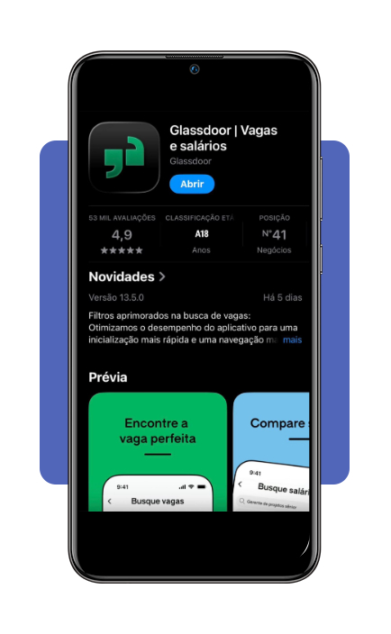 Tela de download do aplicativo Glassdoor na loja de apps