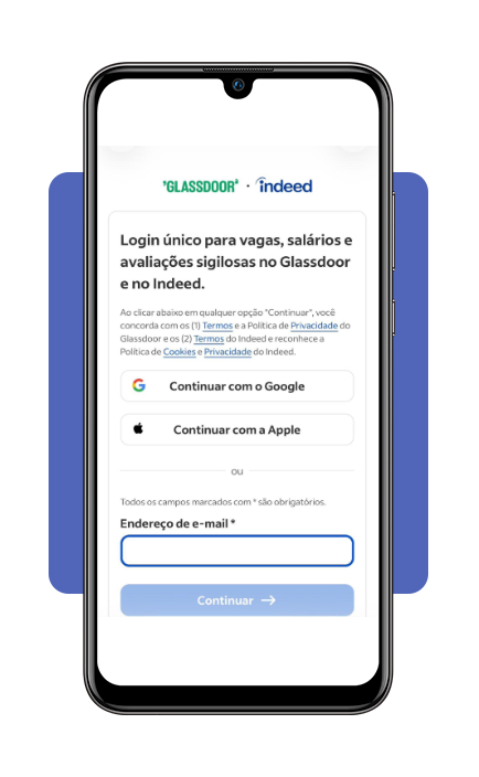Tela de criação de conta no aplicativo Glassdoor