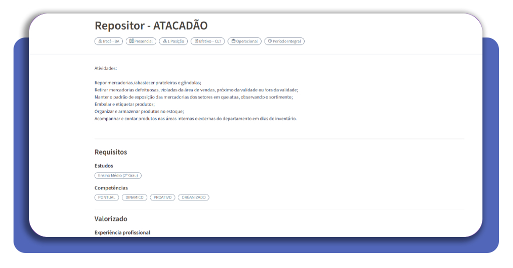 Página de detalhes de vaga de repositor no portal do Atacadão