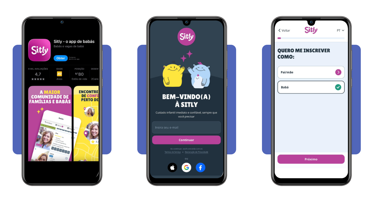Tela de cadastro do aplicativo Sitly para babás e cuidadoras
