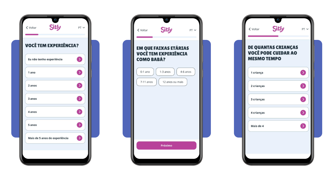 Tela de perguntas sobre experiência no app Sitly