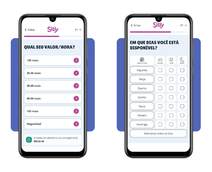 Configuração de disponibilidade e valor por hora no Sitly