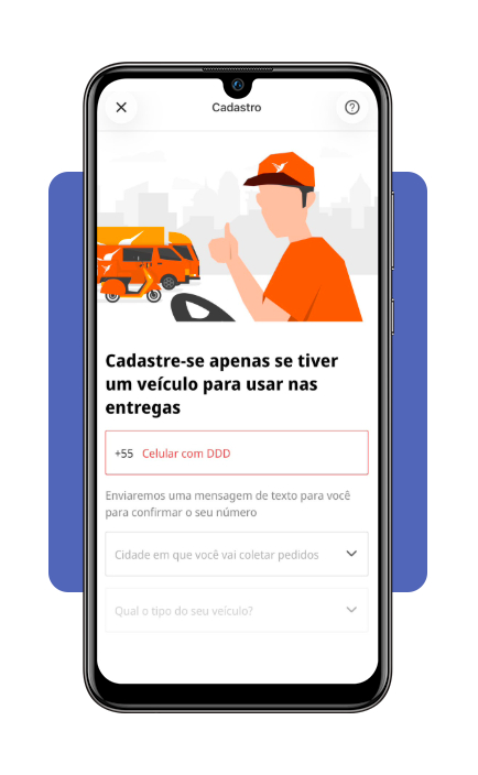 Tela de criação de conta no aplicativo Entregador Lalamove